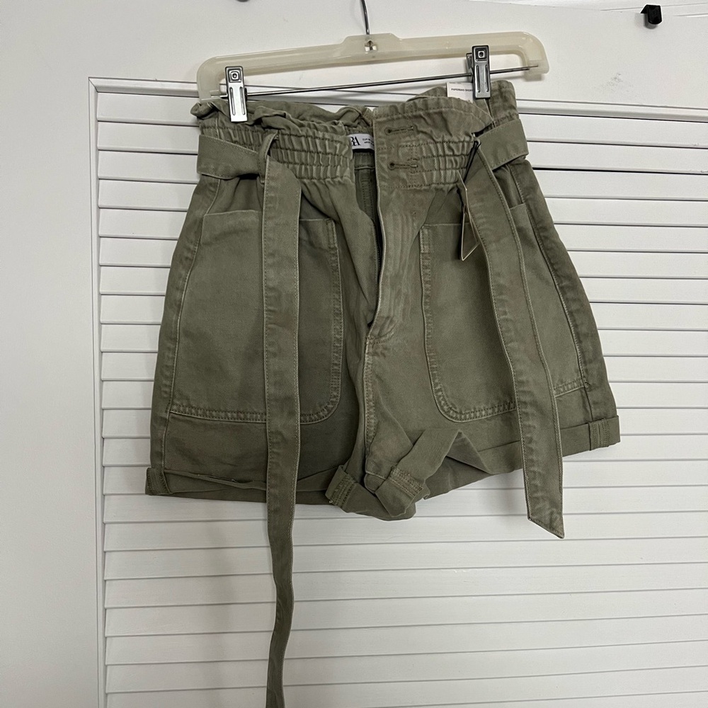 Olive Green High Rise Paperbag Shorts